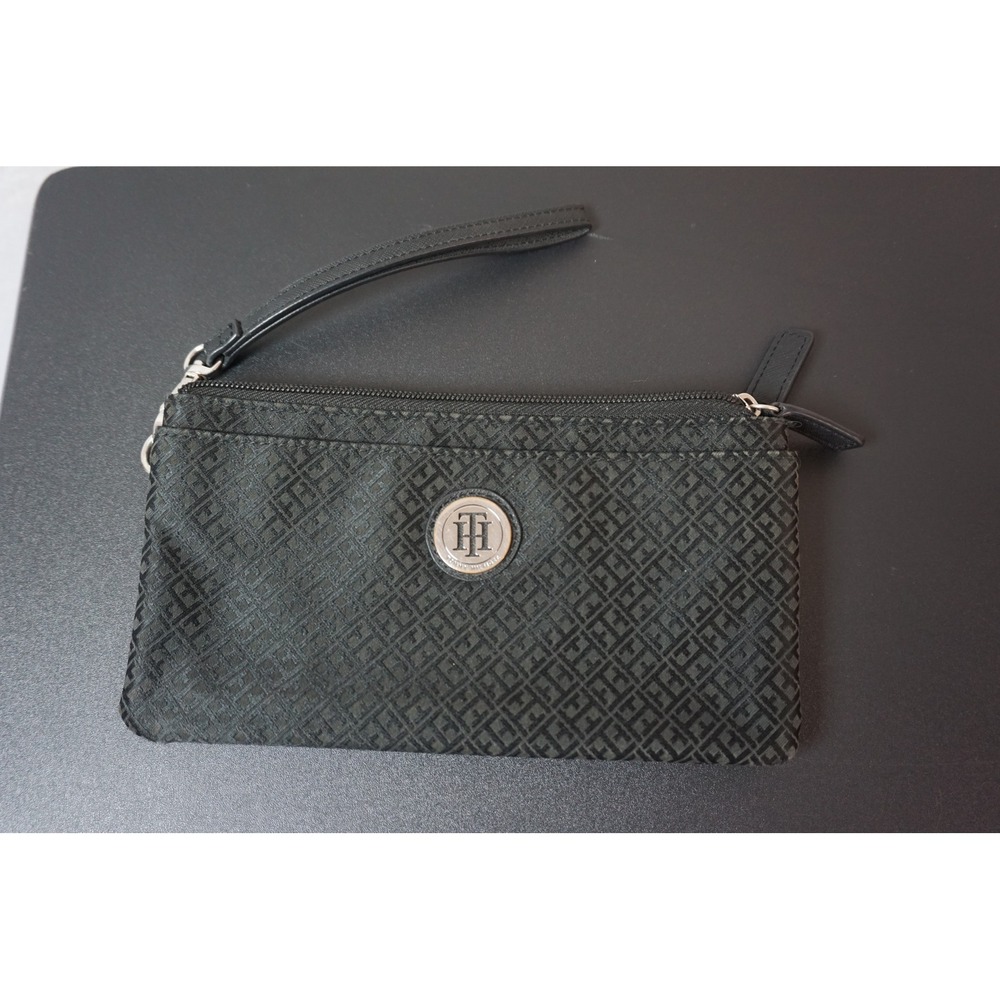Tommy Hilfiger Black Monogram Jacquard Double Zip Wristlet Wallet Clutch